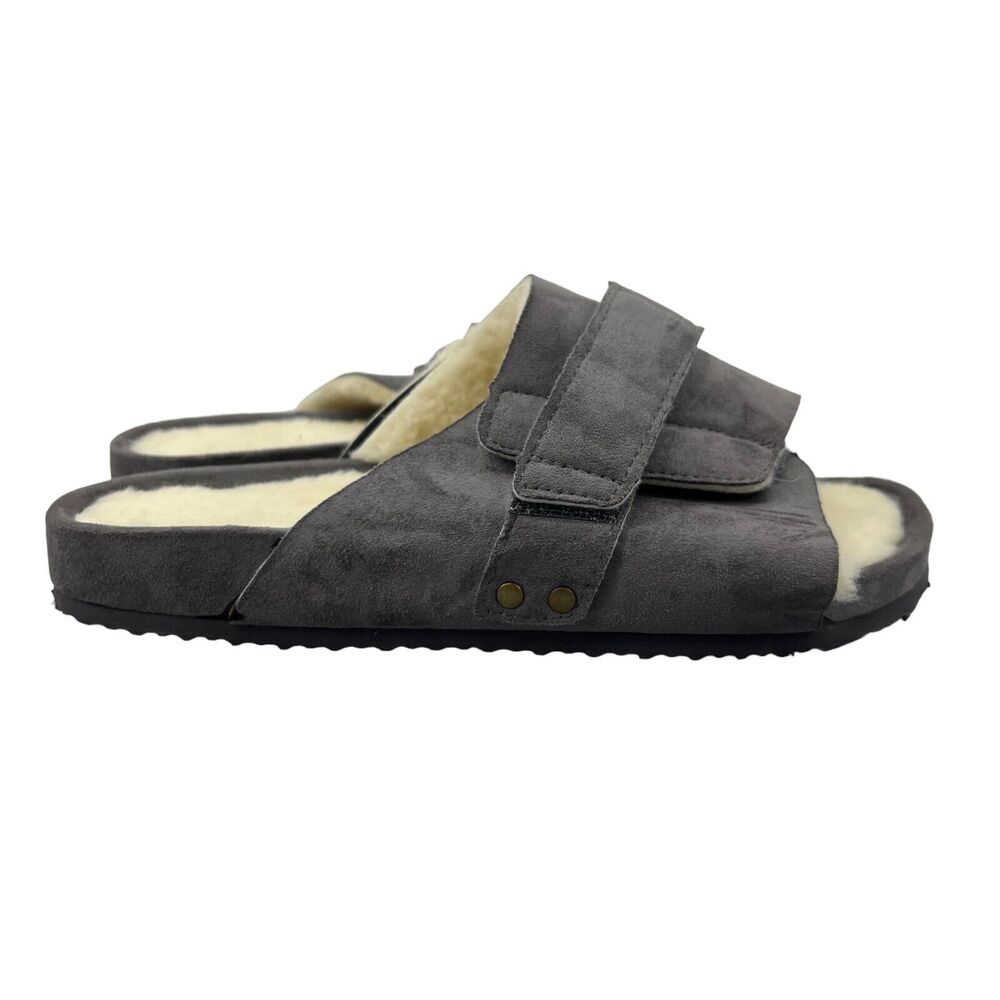 VeeYoo Slippers Womens 8 Grey Open Toe Fuzzy Slide Adjustable Slipper Pull On